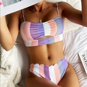 Boho stripes color block cutout scallop bikini set